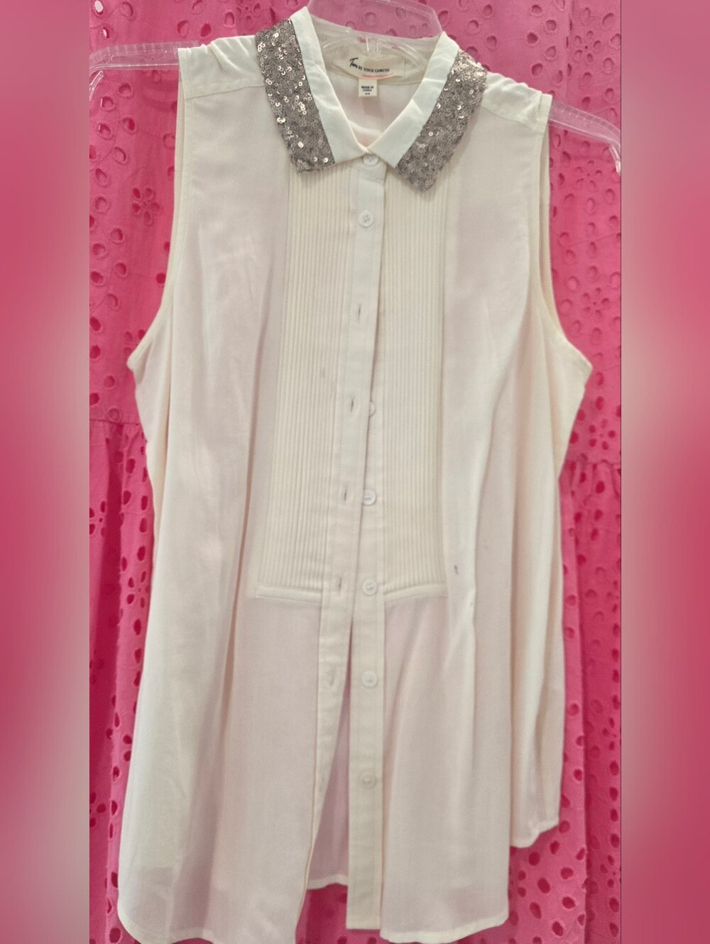 Vince Camuto Cream Pintuck Button-Down Blouse, Metallic Collar, Sleeveless, XS